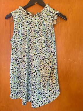 mts brand Sleeveless Ruffle Neck Floral Print Top in Blue, Green & White